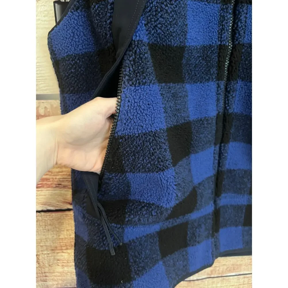J Crew Nordic Sherpa Fleece Vest Terry Buffalo Check Blue Black Men's M (Fits L)